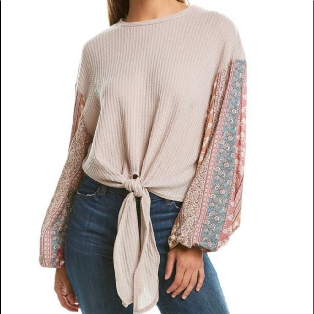 William B waffle knit boho mixed media beachy  long sleeve cream color crop top.